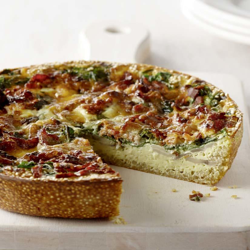 Quiche aux champignons et au bacon, croûte de quinoa